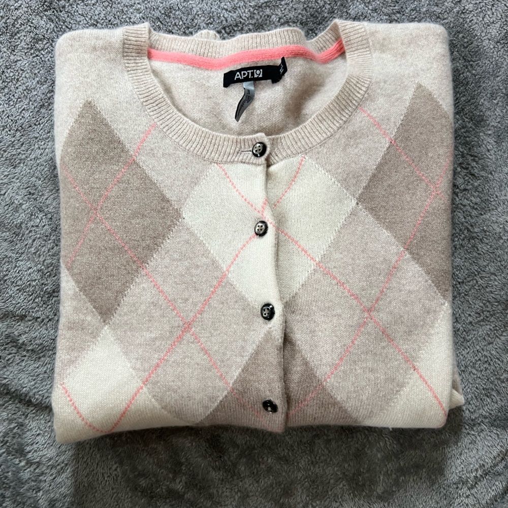 Apt. 9 Women’s Cardigan - Cream, Tan, and Pink Argyle 100% cashmere